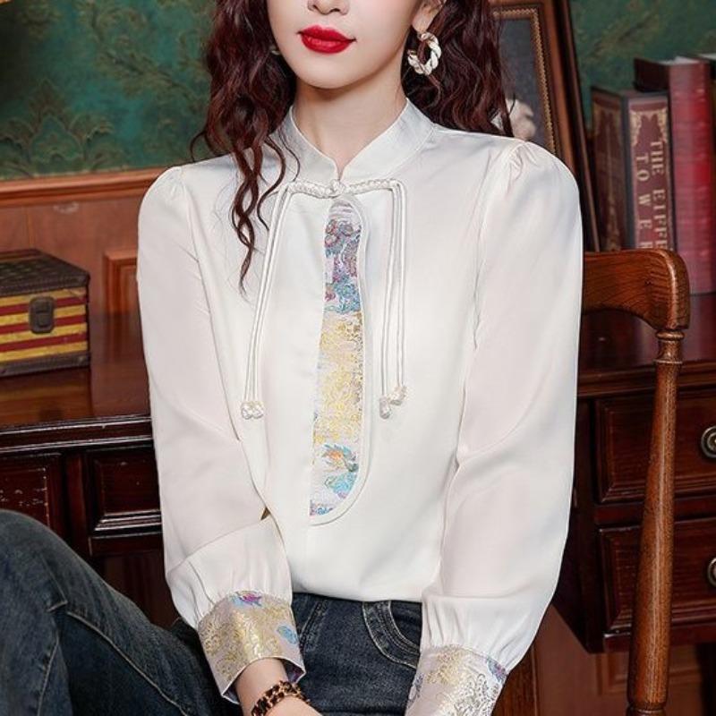 Women's Pullover Embroidered Round Neck Bright Silk Lantern Long Sleeve Chiffon T-shirt Casual Clothing Chinese Style Tops