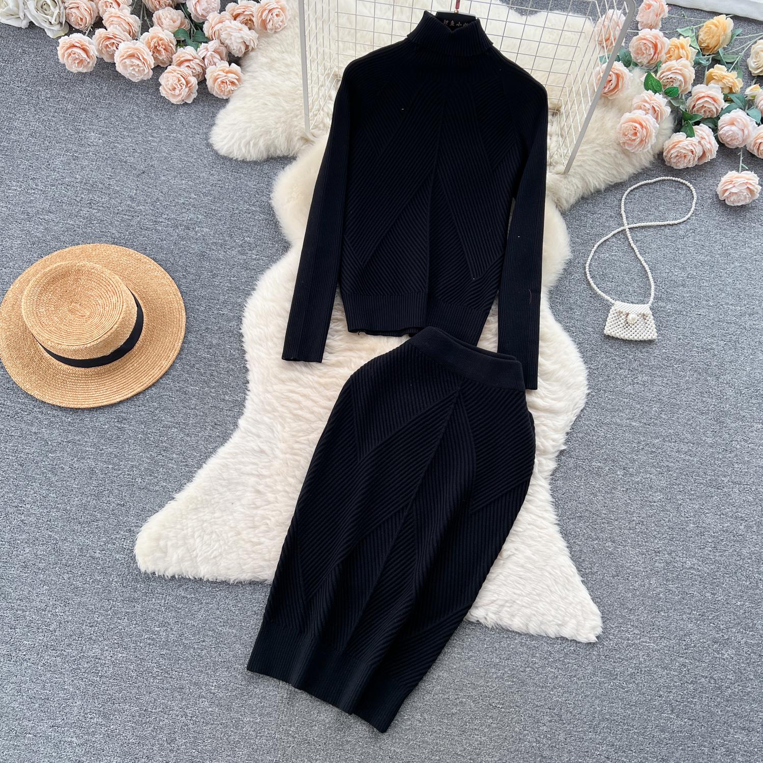 

Осенне-зимний женский элегантный свитер с высоким воротом в сплошную полоску, трикотажный пуловер, топы + узкая юбка на резинке, шикарный костюм из двух частей One Size