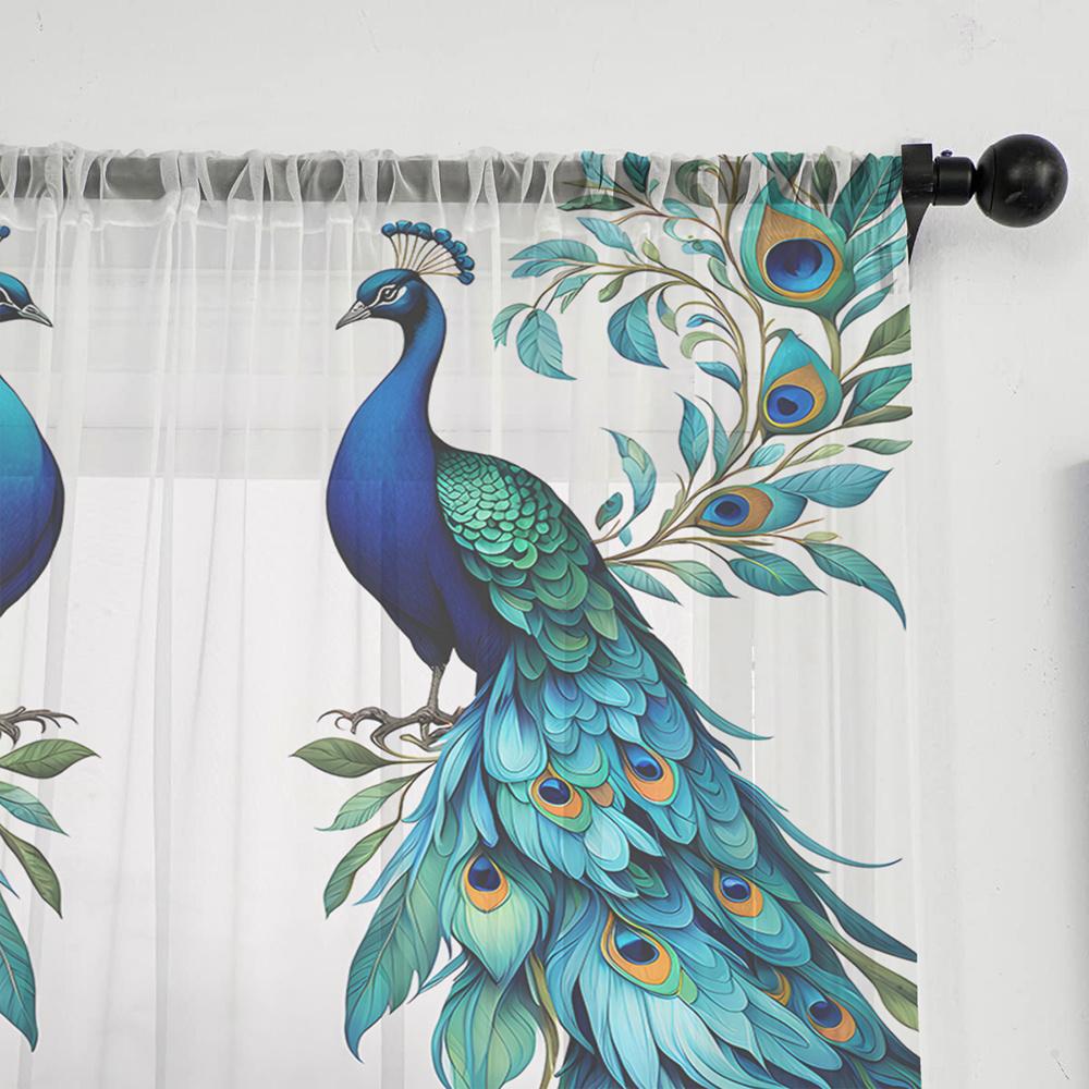2PCS Sheer Curtains, Blue and Green, Peacock and Floral Pattern, Suitable for Bedroom and Living Room, Rod Pocket Style