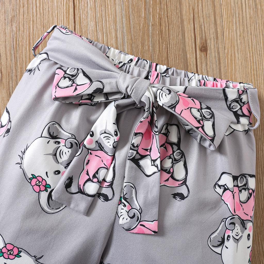 Kız Pijama Takımı Çizgili Fil Baskılı Kısa Kollu Üst ve Şort Rahat Ev Giyimi