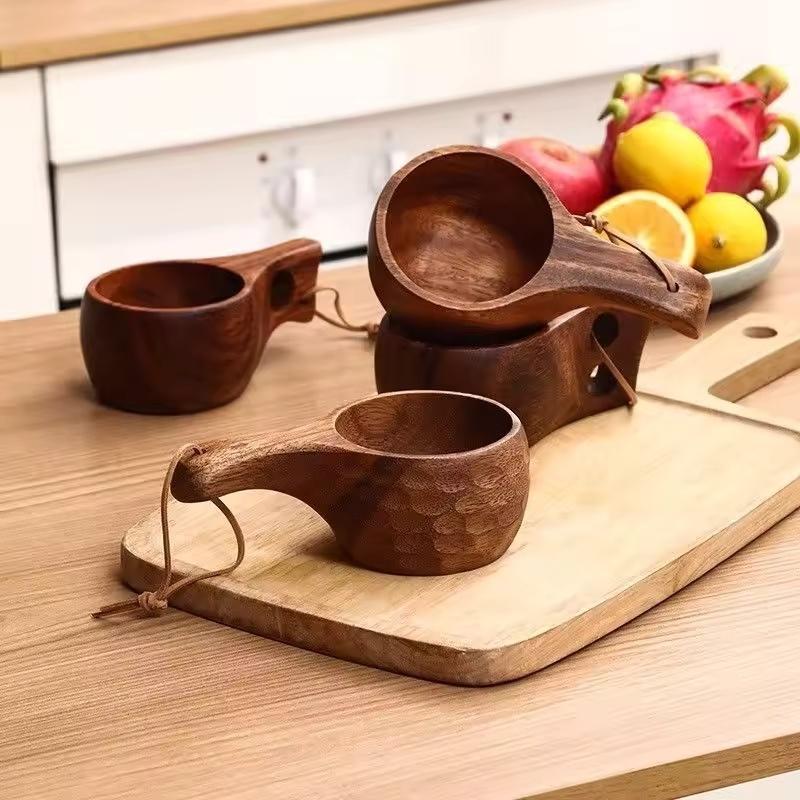 Nordic Style Finland Wooden Mug, Handmade Outdoor Camping Travel Coffee Beer Cup Portable Drinkware