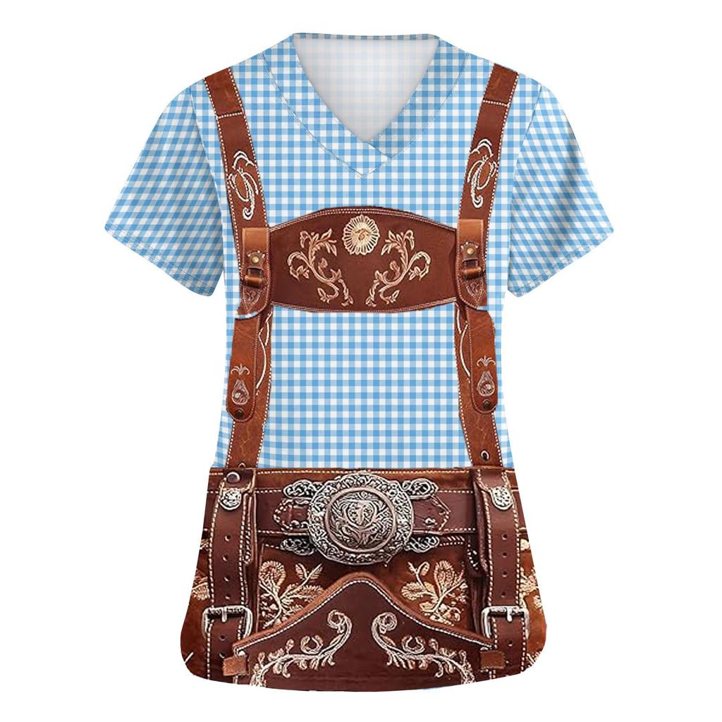 Women's V Neck Short Sleeve Work Shirt with Pockets Oktoberfest Print Top for Healthcare and Service Uniforms Lightweight Comfortable Fit
