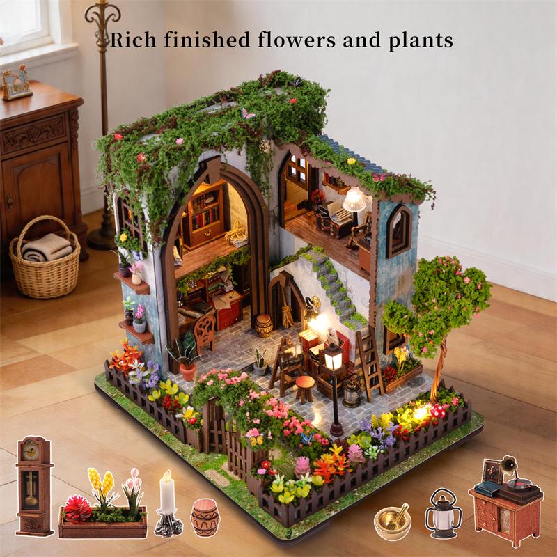 DIY 3D Wooden Puzzle Garden Pavilion Cottage Miniature Model Kits With Furniture Casa Dollhouse for Adults Kids Gifts