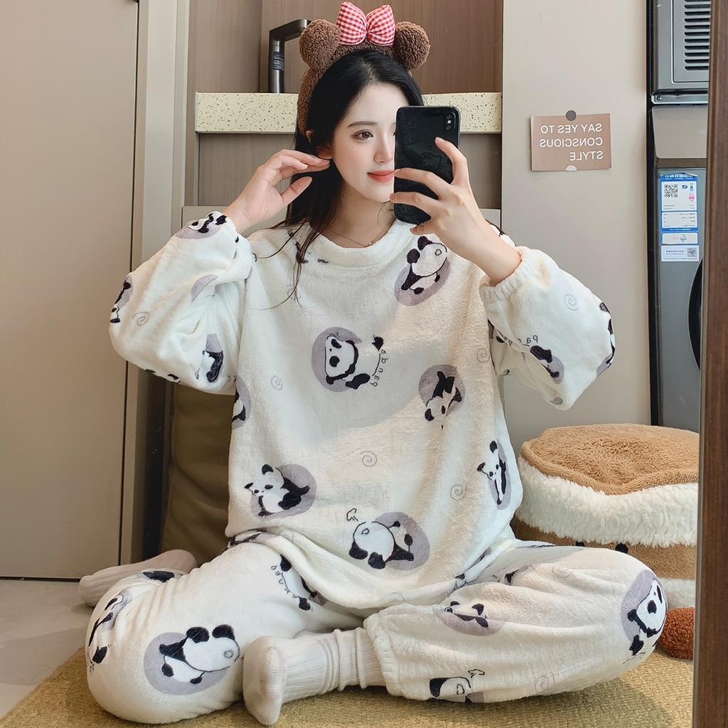 New 2025 Autumn Winter Warm Flannel Women Pijama Sets Thicken Coral Velvet Long Sleeve Cute cartoon purple Sleepwear Set Thin Flannel Pajamas Set