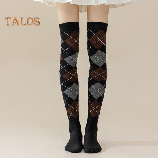 1 Pair Winter Socks Rhombus Printing Over-the-knee Socks Warm Extra Loose Ankles Contrasting Color Stockings for Daily Wear Dancing
