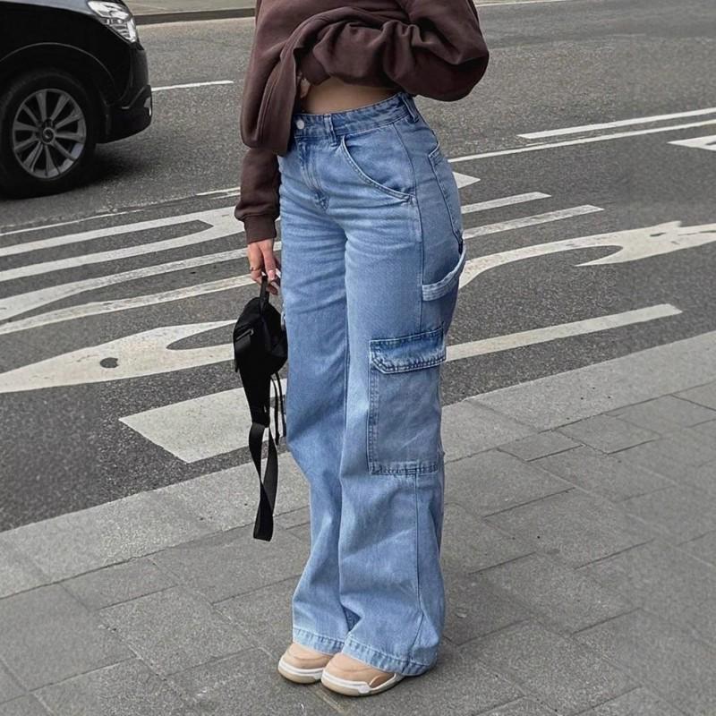 

Women s Clothing Processing High-waist Large Pocket Work Denim Pants WOMEN JEANS 2XL світло-синій колір