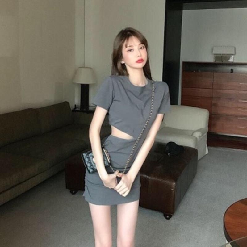 Sexy waist slim short-sleeved dress women's summer dress new solid color high waist hollow hip-wrapped short skirt women's clothing