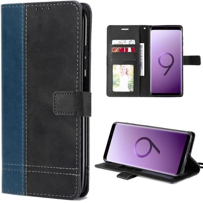 Coque - Samsung - Galaxy S9 - Cuir PU Souple - Antichoc - Noir-Bleu Marine