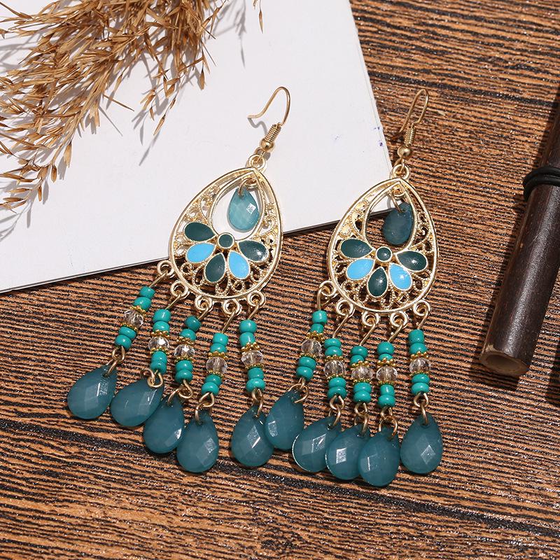 Bohemian Crystal Tassel Earrings - Ethnic Style, Slim Face, Exaggerated Design for Travel