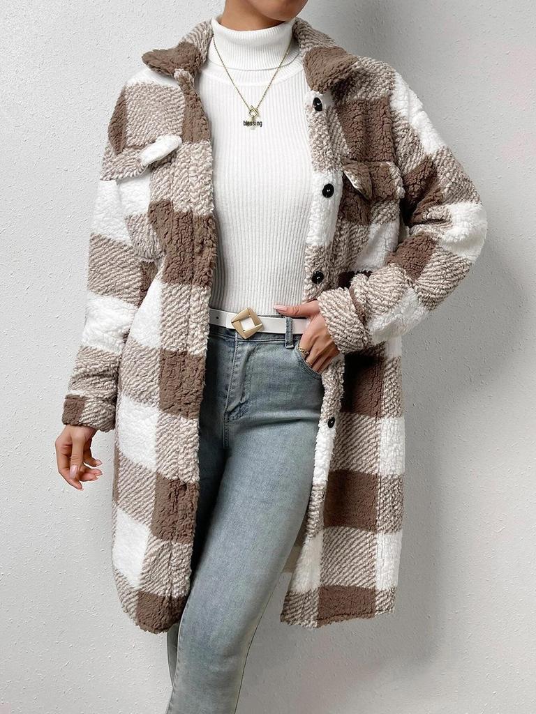 European and American Autumn/Winter Plaid Lapel Plush Button-Down Long Coat for Women