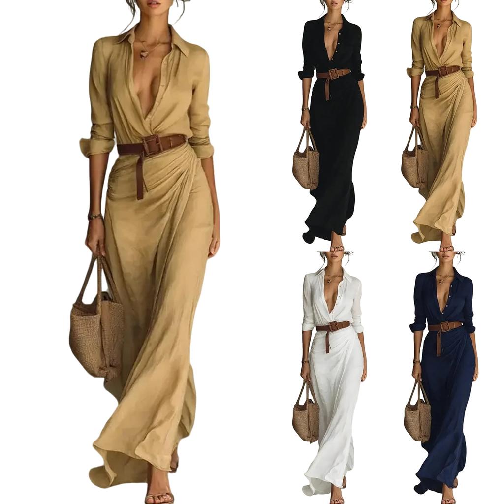 Women's Long Sleeved Color Lapel Button Irregular Pleated Dress With Belt