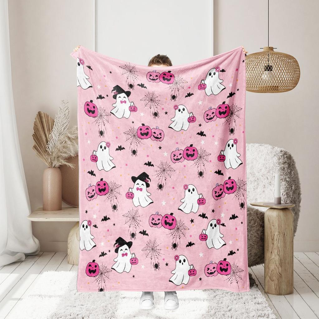 1pc Pink Orenge Halloween Blanket Ghost Pumpkin Printed Skin-Friendly Soft Blanket New for Home Sofa Halloween Decoration