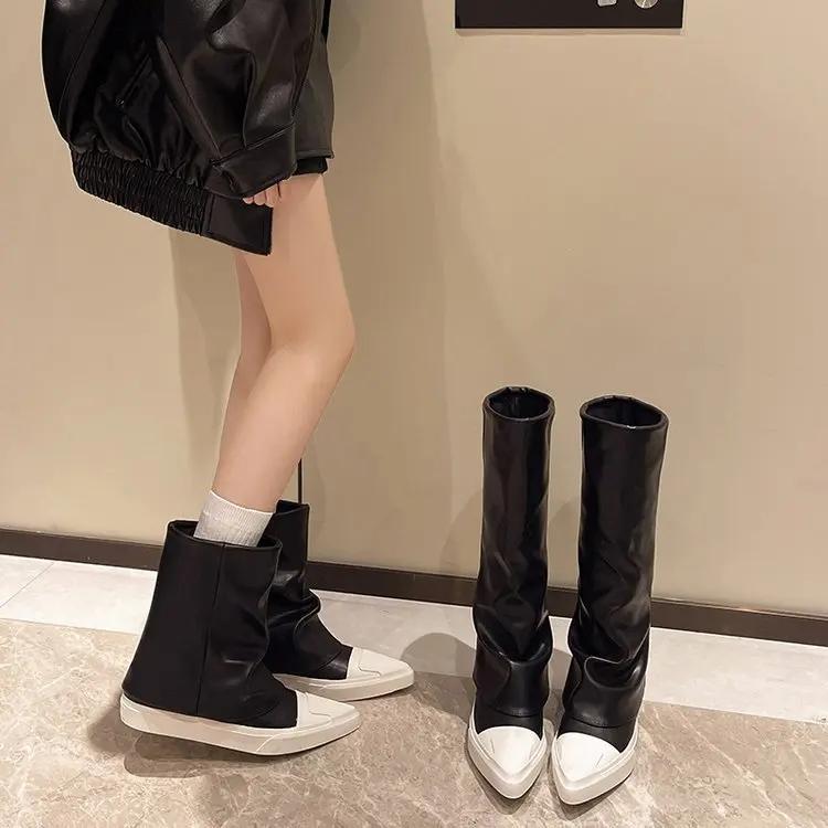 Flats Women Ankle Boots Pointed Toe Leather Fashion Winter Shoes 2026 Trend Designer Gladiator Knee High