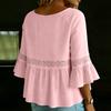 Women's Color Casual Fashion Loose Cotton Linen Lace Splicing Round Neck Shirt Top