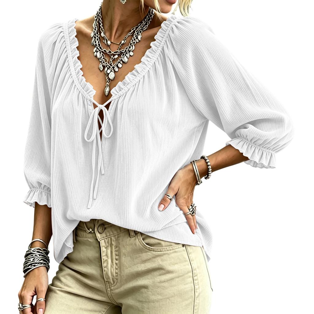 Women's Corduroy V-Neck Long Sleeve Top with Tie Front and Ruffle Trim