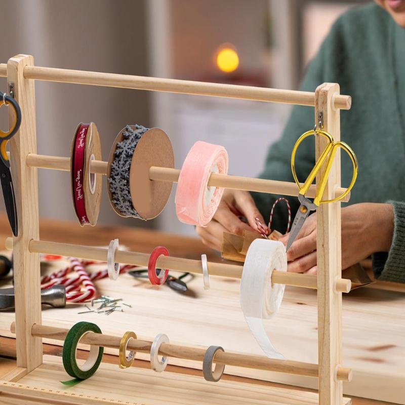 4 Tiered Wood Ribbon Holder with Hanging Hook Wood Scale Ruler Storage Ribbon Spool Holder Sewing Supply Organizers