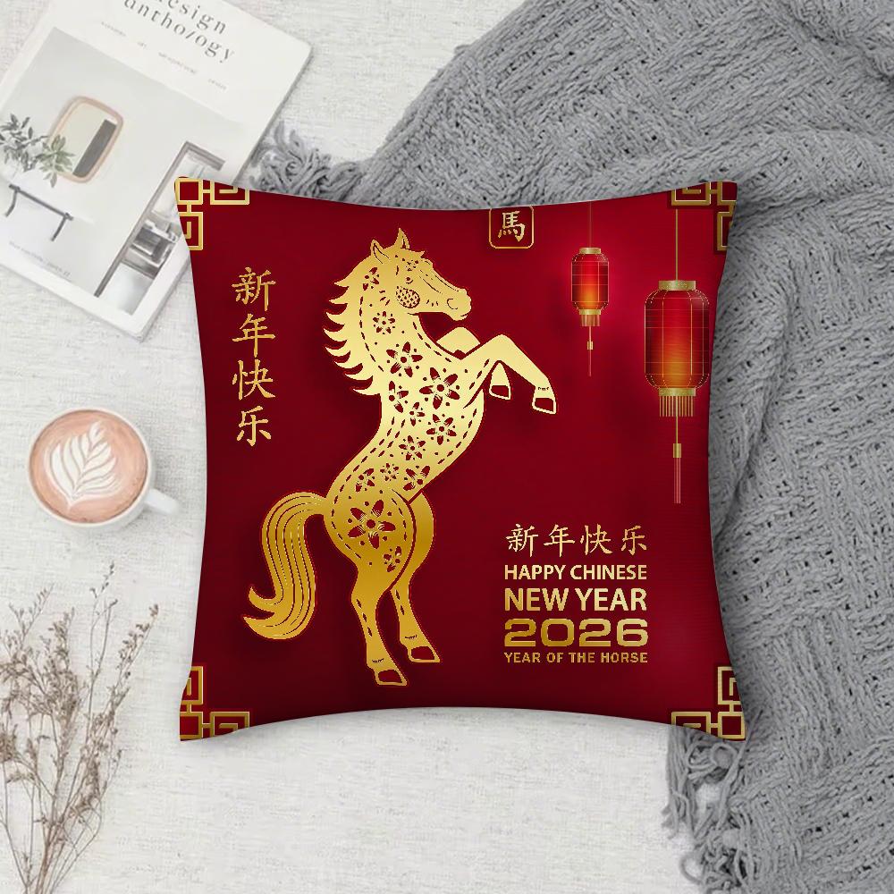 Chinese New Year Horse Pillow Case Square Double-Sided Printing Sofa Cushion Cover Pillowcase Bedroom Bedside