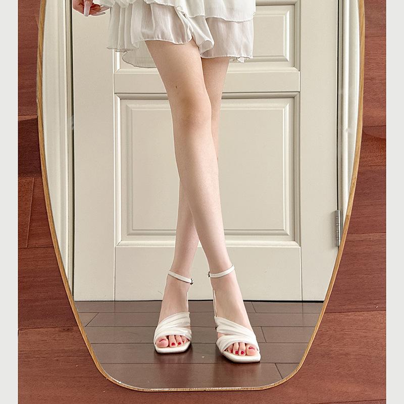 Summer Square Head with Sandals, Versatile Niche Design Silk High Heel Cool Slippers Women