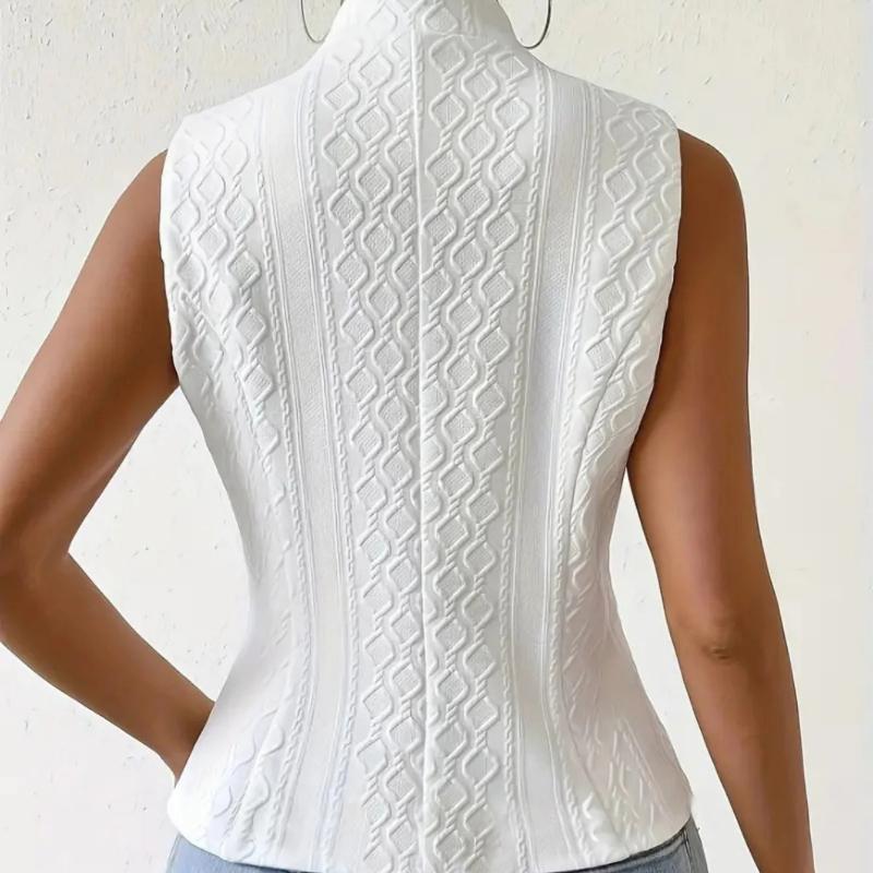 Women's Elegant V-Neck Sleeveless Blazer Vest Solid White Textured Button-Down Slim Fit Waistcoat Top