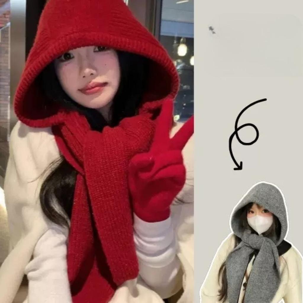 Red Hat Women's Autumn/Winter Warm Knitted Hat Scarf One Piece Hooded Neck Knitted Hat Winter