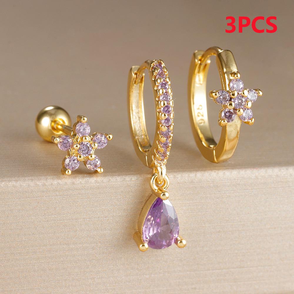 3-Piece Rhinestone Floral Water Drop Earrings & Ear Cuff Set for Women