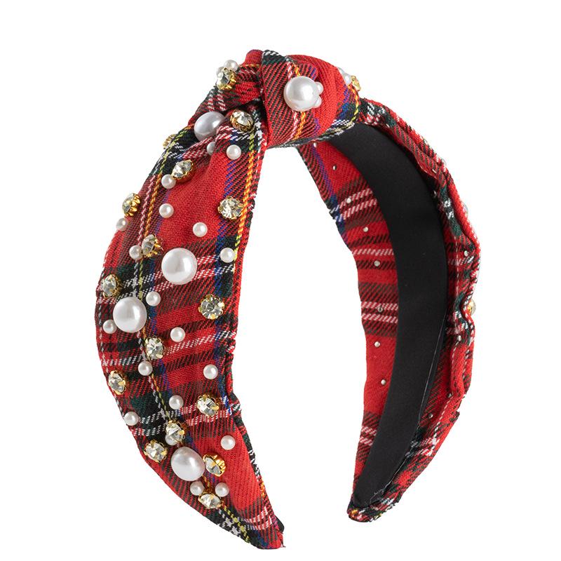 

Европейский и американский стиль Классическая клетчатая повязка на голову с узлом, бисером, стразами и широким краем