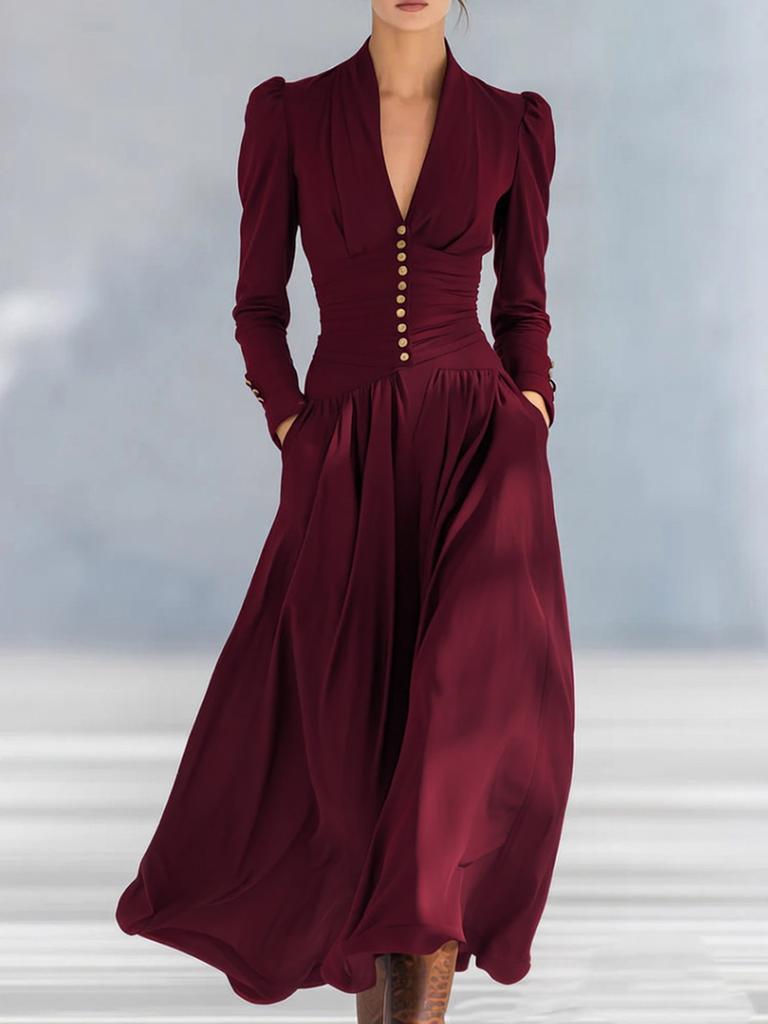 Elegant Empire Waist Dress V-Neck Bubble Sleeve Long Sleeve Maxi Dress for Women