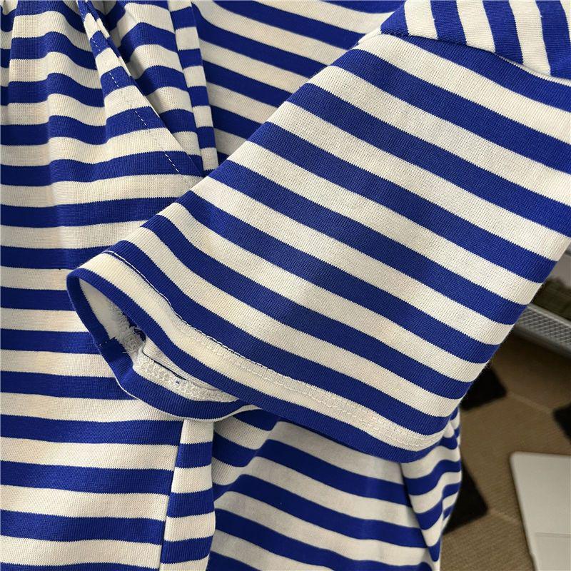 Green Striped Plus Size Women's Summer Two-Piece Set: Short Sleeve T-shirt & Shorts