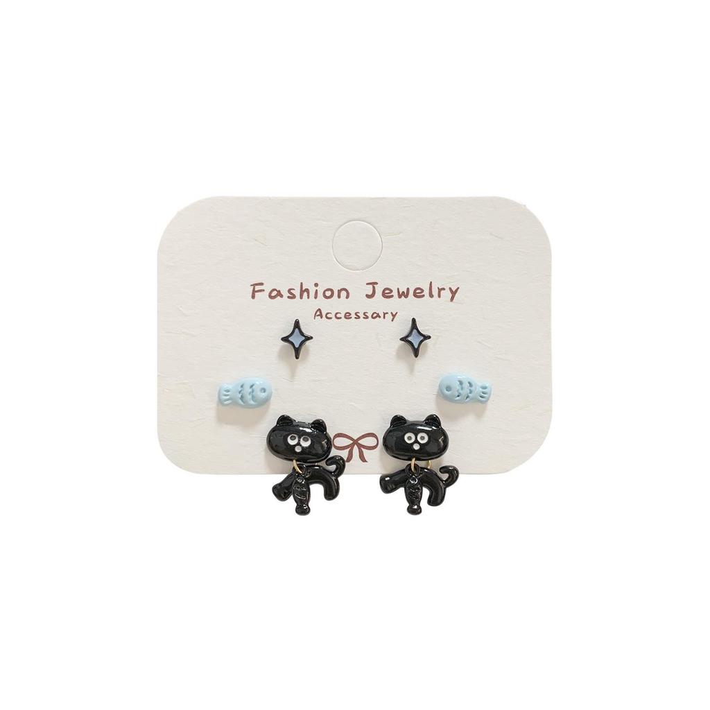 Adorable Black Kitten Stud Earrings: Silver Needle, Cute Tail Design for Women