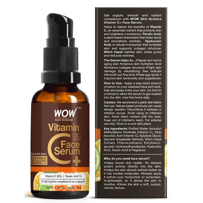 Wow Skin Science Vitamin C+(Plus) Face Serum - Vitamin C 20%, Ferulic Acid 1% - Brightening, Anti-aging Skin Repair, 30ml