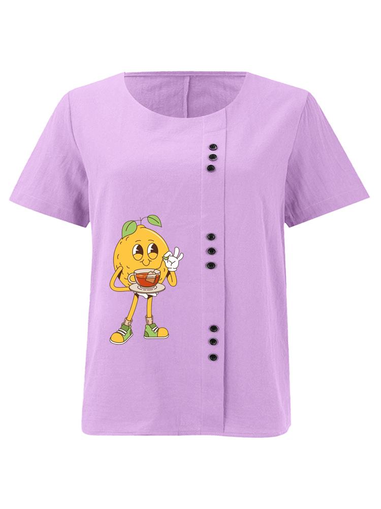 Women's Fashion Humanoid Lemon Print Shot Sleeve T-shirt Loose Cotton Shirt Casual Loose Summer Blouse Tops Plus Size