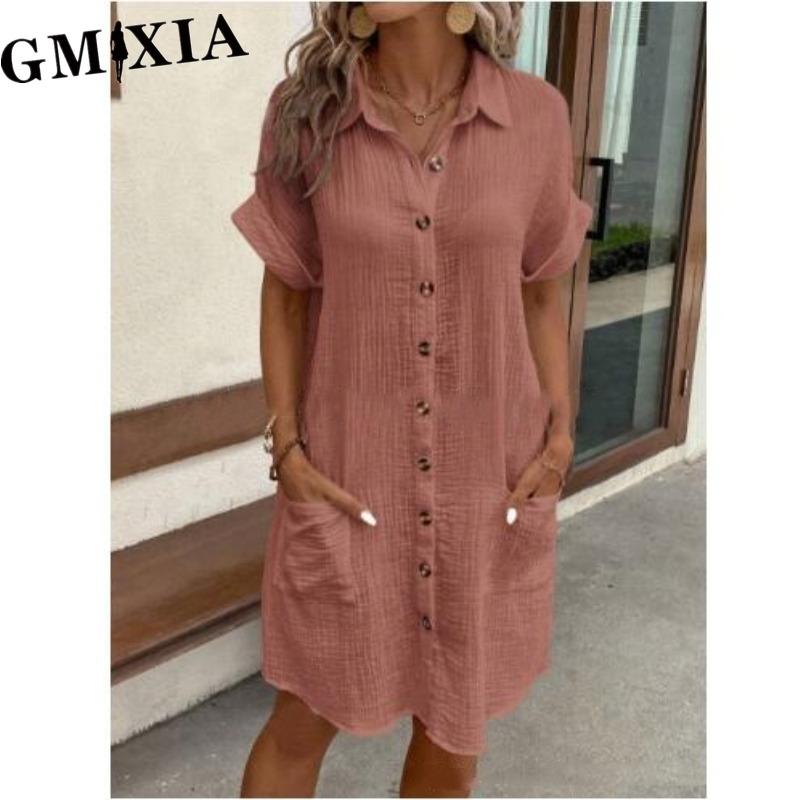 

GMXIA Женские модные летние весенние однотонные повседневные платья с короткими рукавами и воротником-поло с принтом XXXXXL коралл розовый