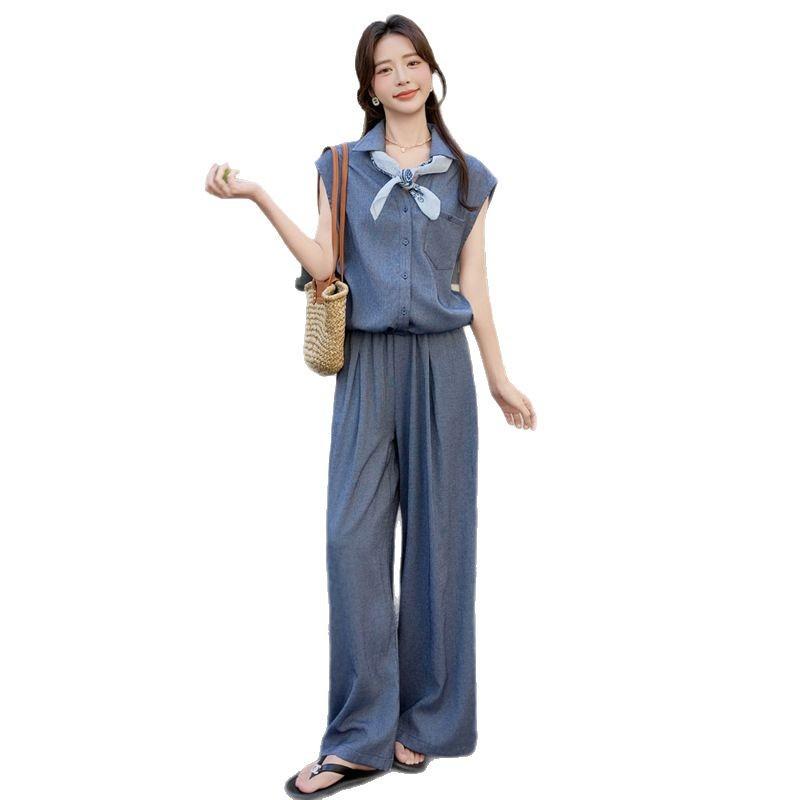 Summer new fashion suit women's lapel sleeveless shirt temperament thin straight pants two-piece suit