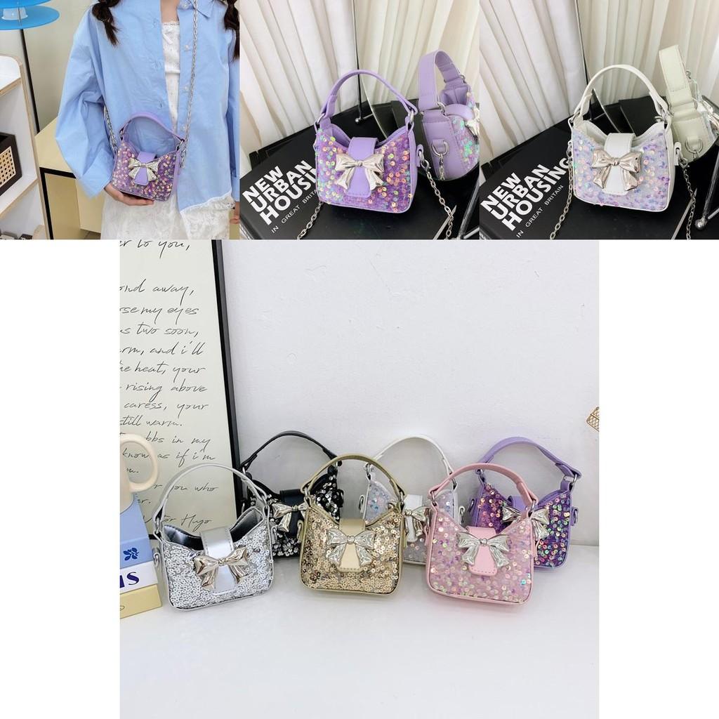 Kids Girl Butterfly Bow Sequin Mini Shoulder Bag With Breathable Pu Material For Daily Use