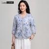 LUDIan Women's Floral Cotton-Linen 3/4 Sleeve Shirt