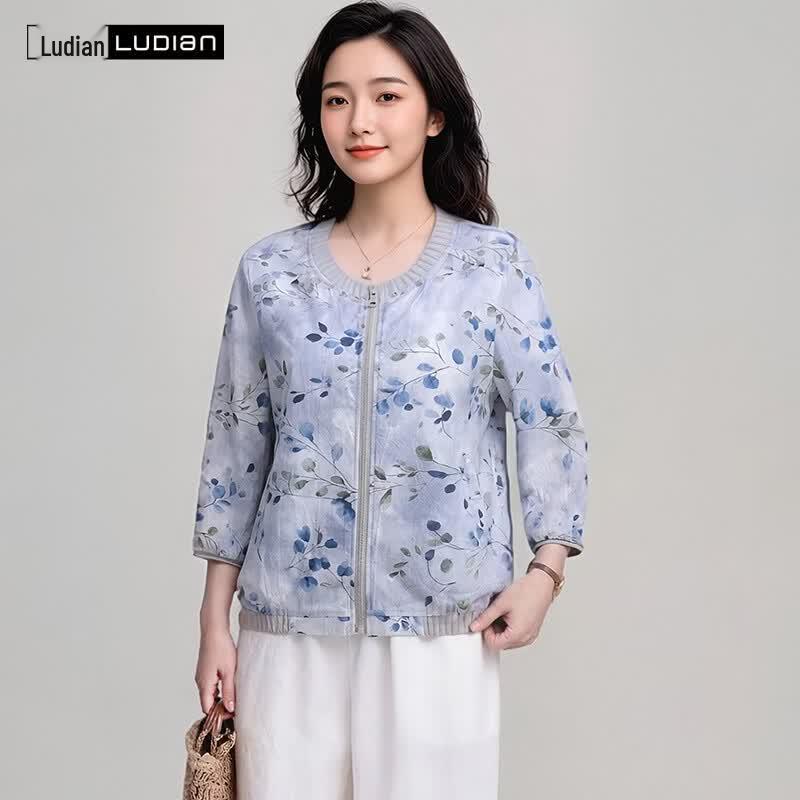 LUDIan Women's Floral Cotton-Linen 3/4 Sleeve Shirt