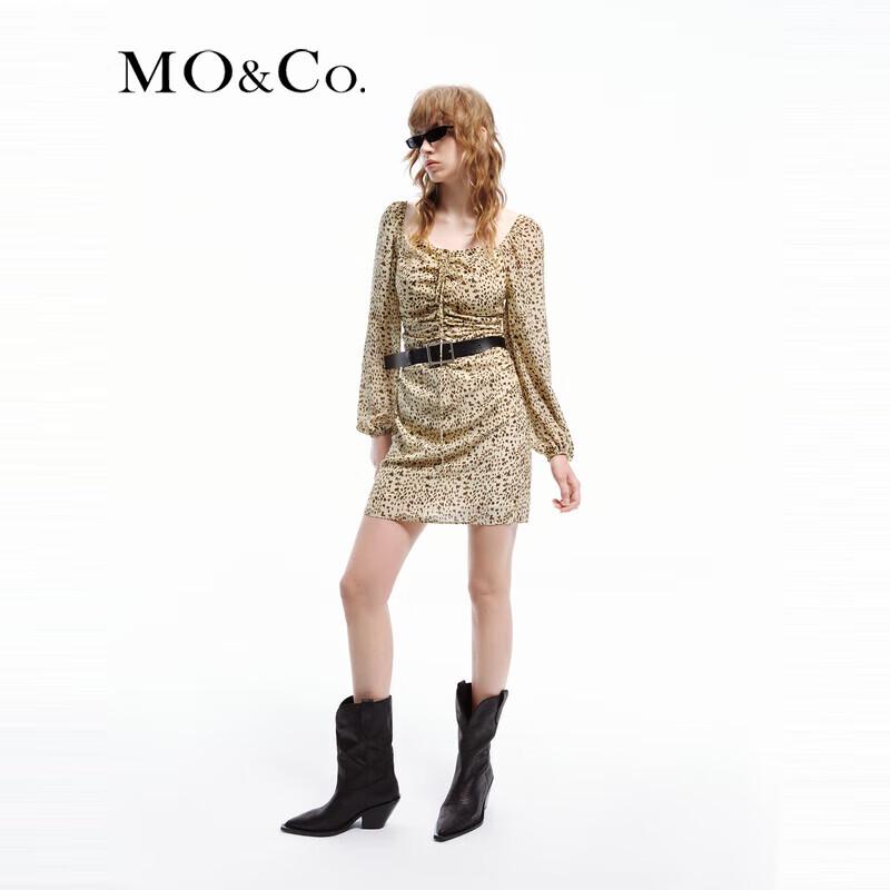 MO&Co. Leopard Print Silk Square Neck Lantern Sleeve Dress