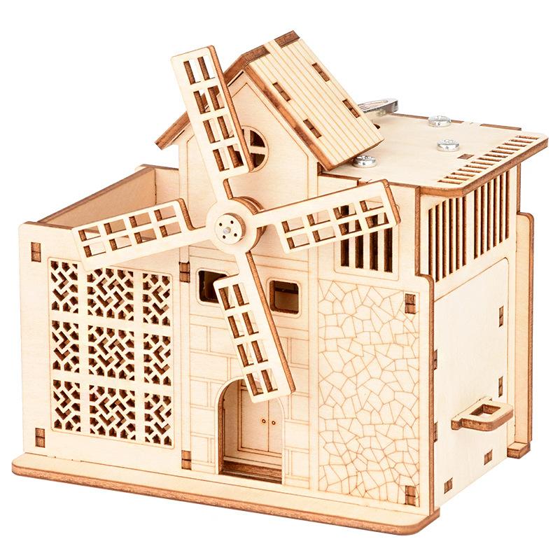 Children's Creative DIY Model Wooden Puzzle 3D Puzzle Board Big Windmill Clockwork Sound Pen Holder, Music Box 117mm * 117mm * 75mm