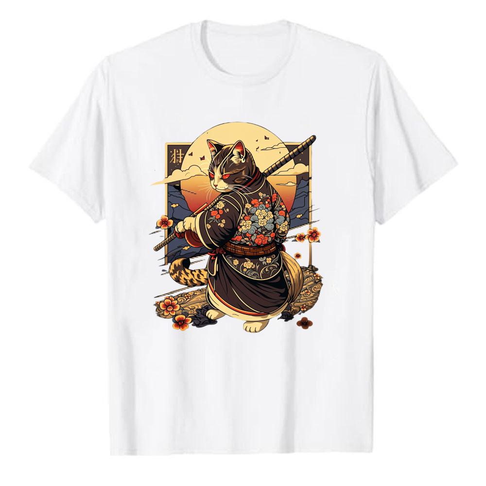 Samurai Katze ADHS Arbeit Ordentlich T-Shirt Lustiges Japanisches Stil Grafik T-Shirt für Unisex Kurzarm Lässiges Oberteil Einzigartiges Parodie Geschenk Präsent