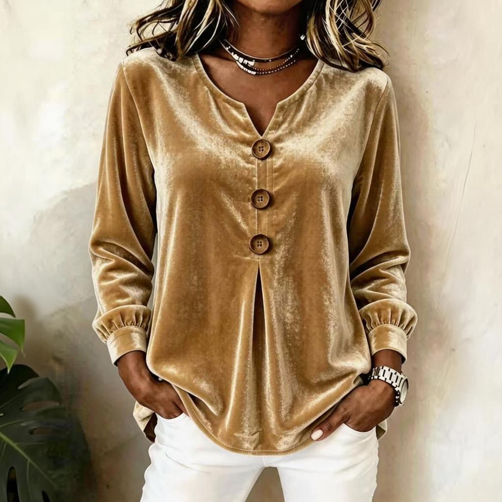 Blouse Haut Top Velours Élégant à Boutons sur le Devant et Manches Longues pour Femme