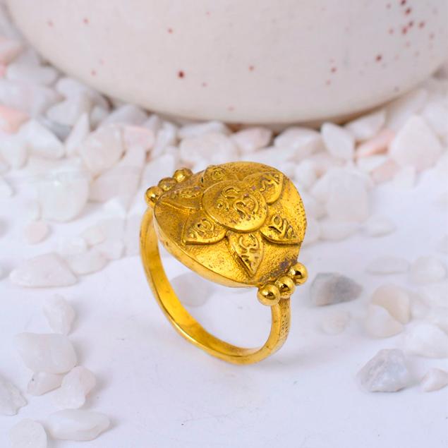 Antique Gold Plated Flower Ring | Vintage Style Brass Round Statement Ring for Women | Intricate Floral Design Jewelry