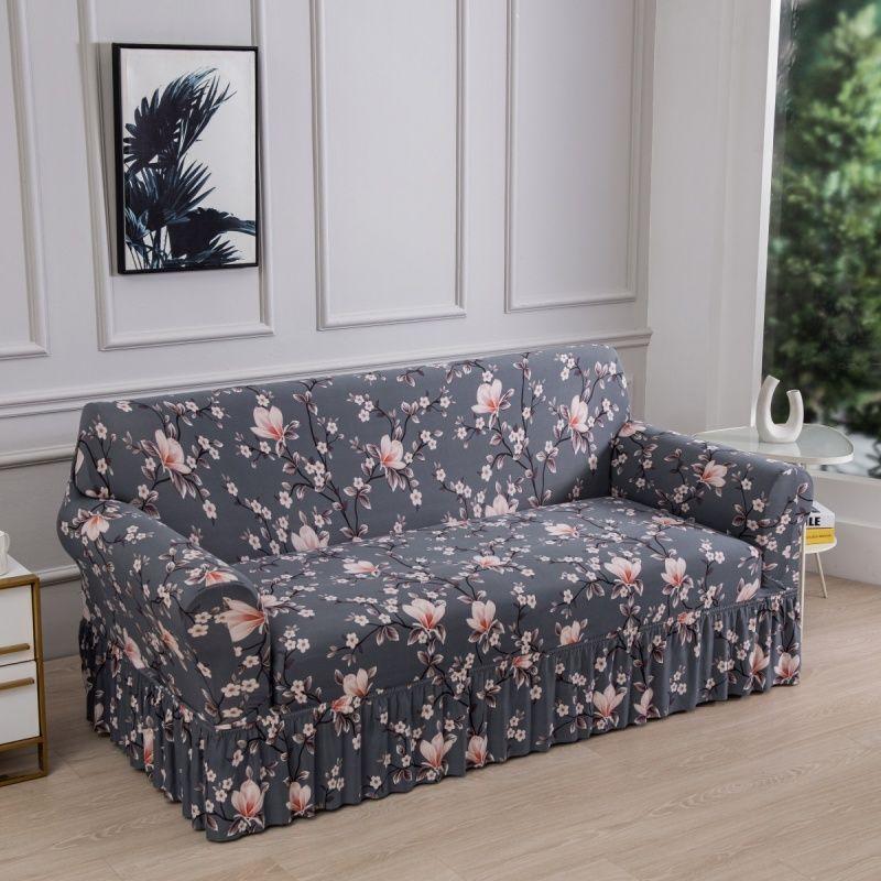 Floral Digital Print Elastic Sofa Cover with Ruffled Hem - Stretchy One-Piece Design, Adjustable Straps  Couch Covers for Sofa