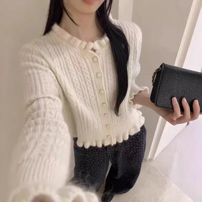 Gentle Spring Style Solid Color Long-sleeved Fungus Soft Waxy Knitted Cardigan Twist Sweater for Women