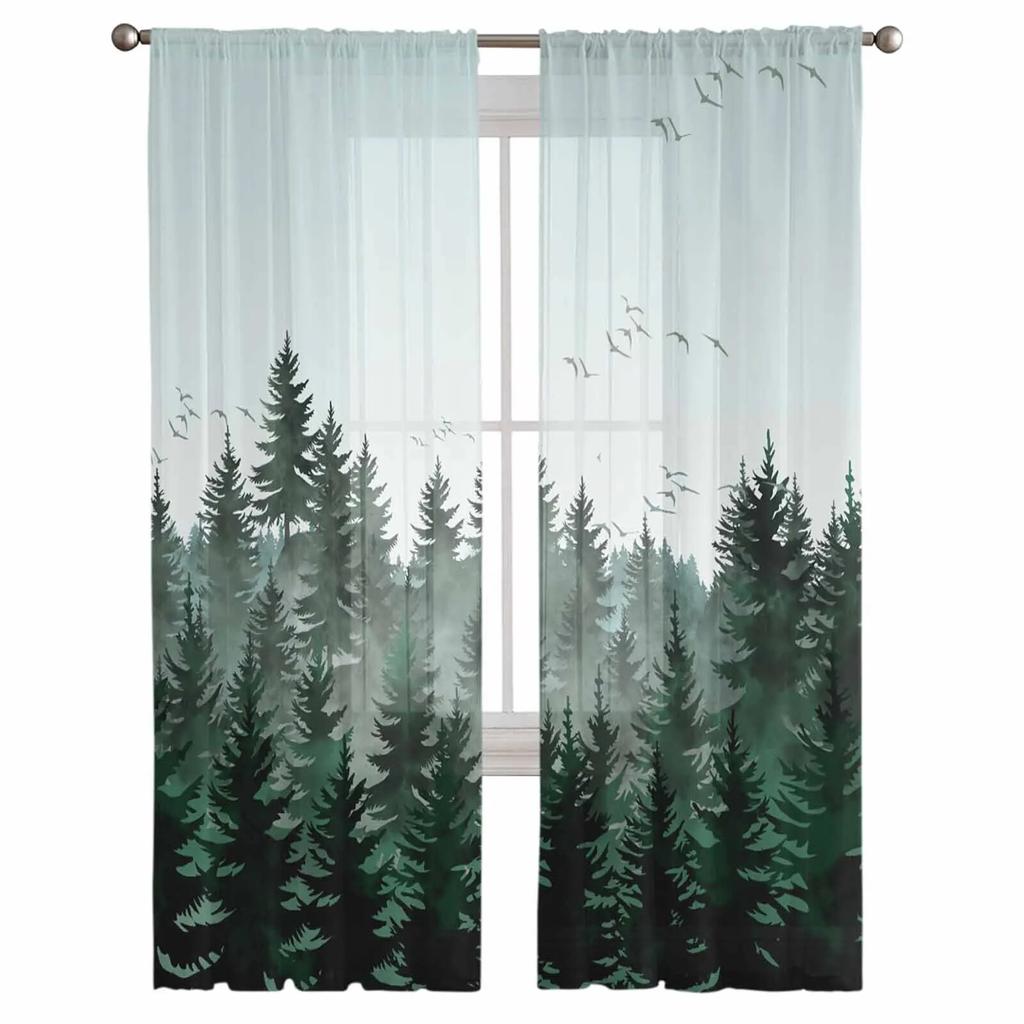 Watercolor Forest Bird Dark Green Bedroom Curtains Tulle Sheer Curtain Living Room Home Decor Voile Drapes