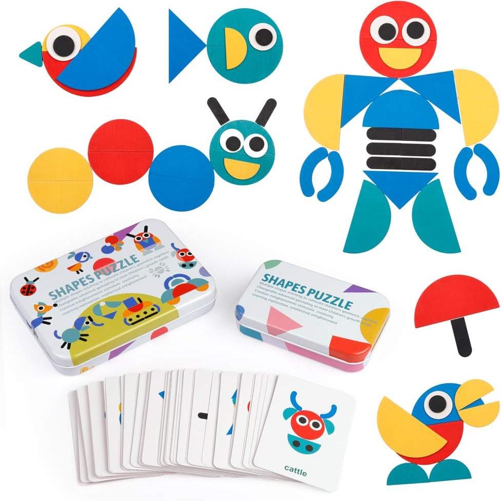 Bai Fen Bai Toys Wooden Pattern Blocks - Tangram Shape Puzzle Set Color Sorting Stacking Game Wood Animal Jigsaw Preschool Montessori ,Kids Gift