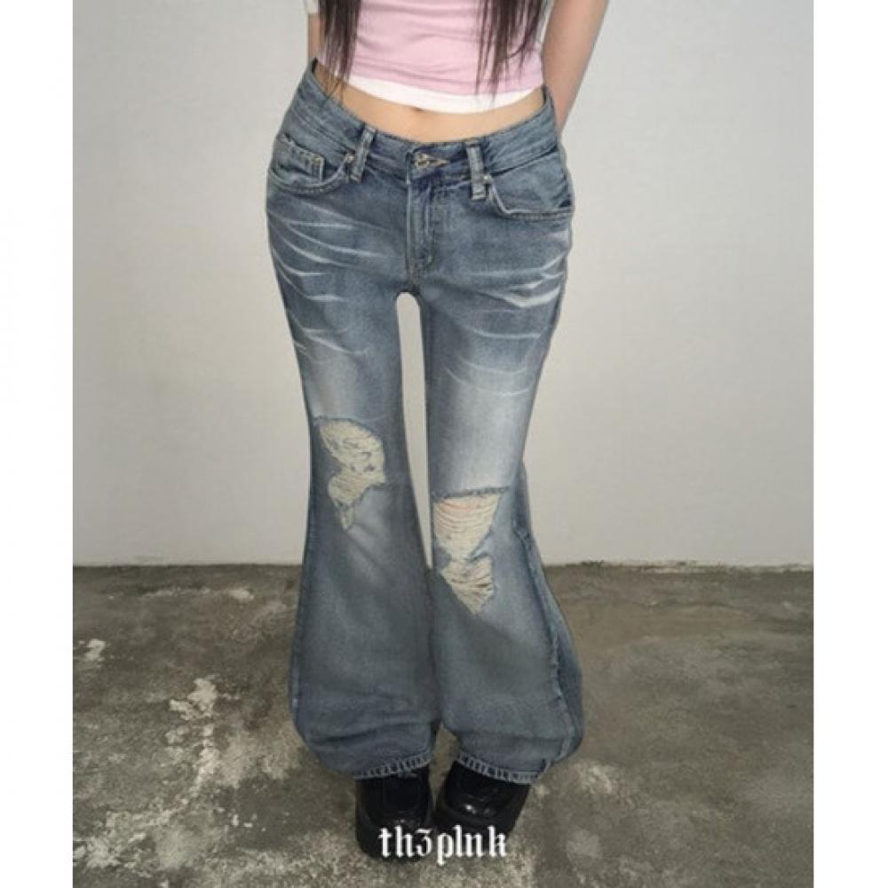 The Pink Semi Low Bootcut Denim Pants Hig Damage Washing