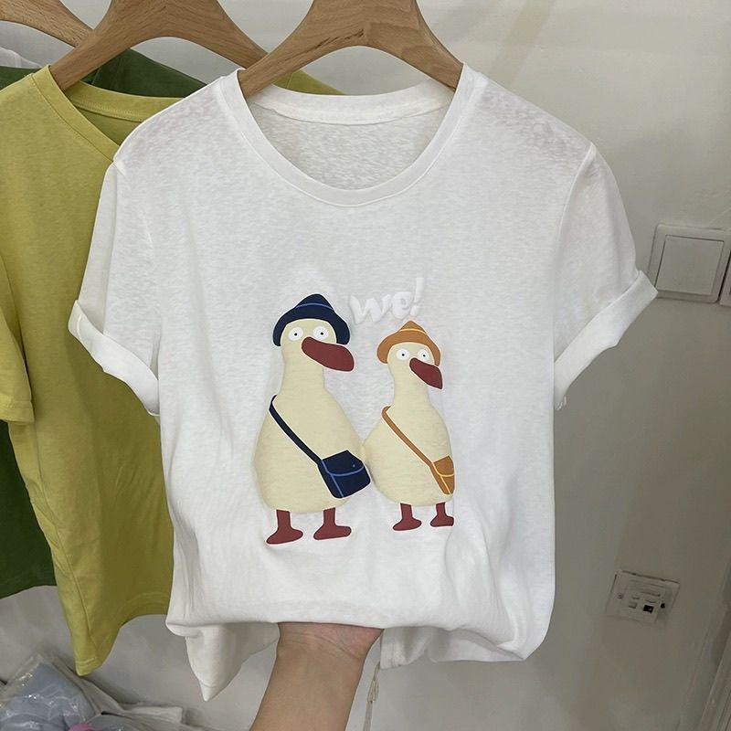 Sommer Koreanischer Stil Entenprint Rundhals Lockerer Schnitt Damen T-Shirt