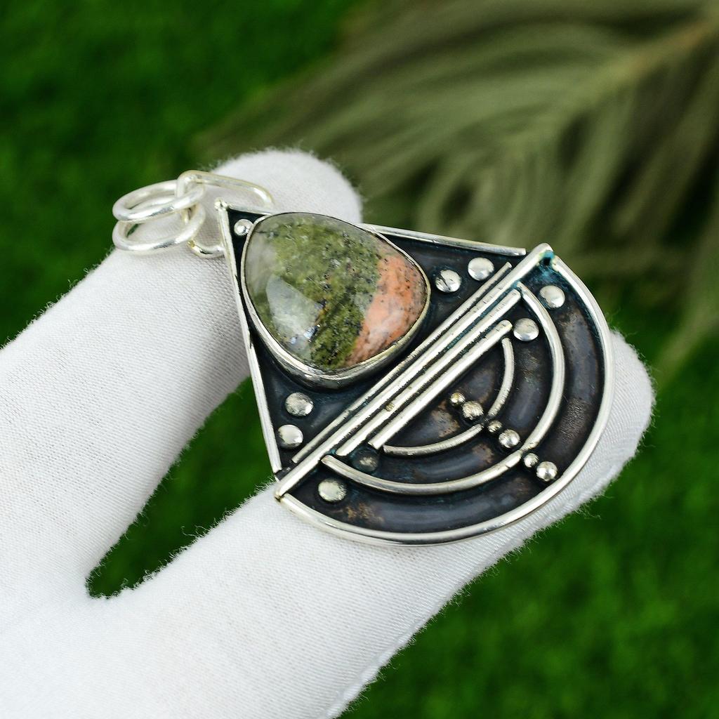 925 Silver Heart Chakra Unakite Gemstone Handcrafted Anniversary Bezel Pendant