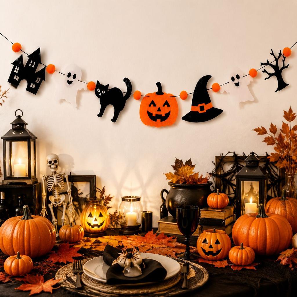 Halloween Banner Pumpkin Ghost Cat Hat Garland, Party Background Wall Hanging Decor, Holiday Themed Party Decoration Supplies