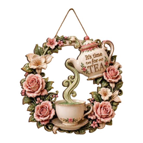 Yard Art Sculptures It's Time for Tea Door Sign, Metal Floral Wreath Hanger with Teapot Teacup Design, Windowsill Rustic Wall Decor Kitchen